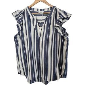 Andree by Unit Blouse Womens 2X Navy Striped Flutter Sleeve Boho Relaxed Woven